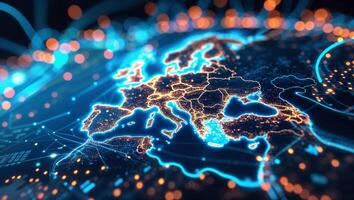 Digital map of Europe illuminated with glowing lights, showcasing connectivity and technology trends photo