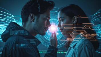 Digital connection between two people in a futuristic setting with glowing technology photo