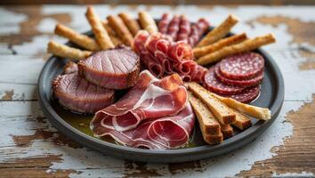 Charcuterie platter featuring a variety of meats and breadsticks arranged on a rustic wooden table photo