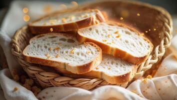 Freshly sliced bread in a woven basket on a cozy table with a warm atmosphere photo