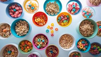 Colorful variety of cereals displayed in bowls for a vibrant breakfast setup on a white table photo