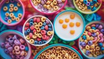 Colorful cereal bowls filled with assorted shapes and vibrant colors for a delightful breakfast experience photo