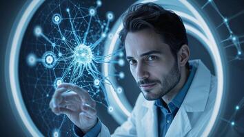 Scientist exploring molecular structures in a futuristic laboratory photo