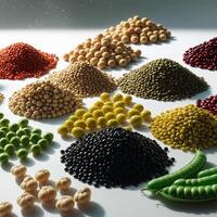 Colorful assortment of various legumes and pulses displayed on a clean surface in natural light photo