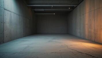 Empty industrial space with concrete walls and minimal lighting in a modern architectural setting photo