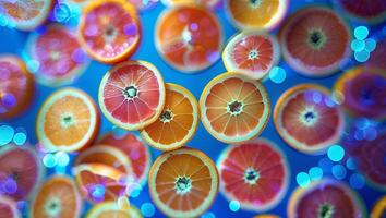 Colorful citrus slices float in vibrant hues against a blue background creating a lively summer atmosphere photo