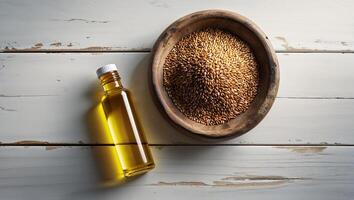 High-quality oil and sesame seeds displayed in a rustic bowl with wooden background photo