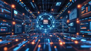 Exploring big data in a futuristic digital environment filled with glowing elements and intricate patterns photo