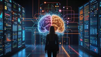 Innovative technology visualization with a person contemplating a digital brain representation in a high-tech environment photo