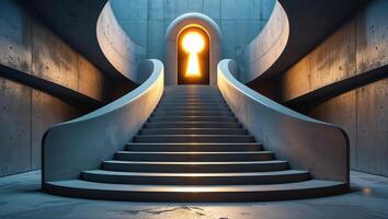 Illuminated staircase leading to a keyhole-shaped doorway in a modern architectural space photo