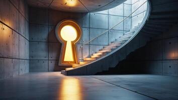 Staircase leading to a keyhole-shaped window illuminating a modern architectural space photo