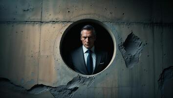 Man in a suit peers through a circular opening in a weathered concrete wall during twilight photo