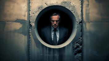 Mysterious figure in a suit peering through a concrete circular opening in an industrial setting at dusk photo