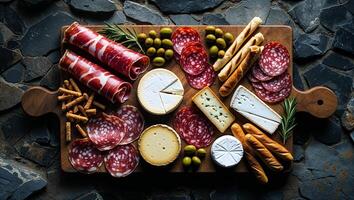 Elegant charcuterie board with assorted meats, cheeses, and accompaniments displayed on rustic wooden board photo