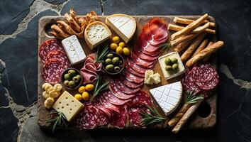 Assorted cheese and charcuterie board displayed on a rustic wooden cutting board photo
