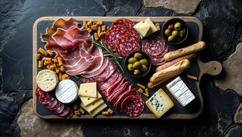 Charcuterie board featuring assorted meats, cheeses, olives, and crackers on a rustic slate background at a cozy gathering photo