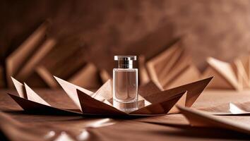 Elegant perfume bottle surrounded by artistic paper origami in a warm, textured setting photo