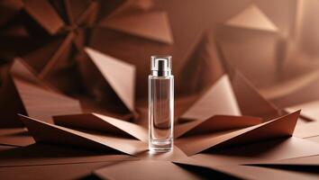 Elegant perfume bottle surrounded by angular brown paper shapes creating a stylish aesthetic photo