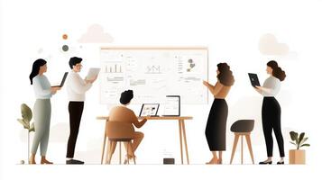 Discussion among a diverse group of professionals analyzing data and sharing insights in a modern workspace photo