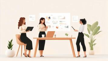 Three women collaborating in a modern office while analyzing data on a presentation board photo