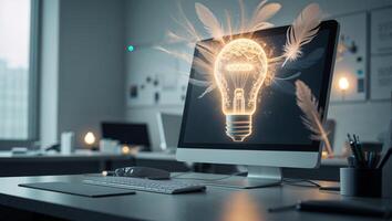 Creative workspace featuring glowing light bulb illustration on computer screen in modern office setting photo
