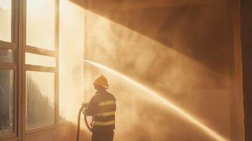 Firefighter extinguishing flames in a smoke-filled building during an emergency response operation photo