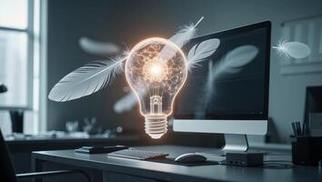 Creative ideas emerge from a workspace illuminated by a light bulb surrounded by feathers in a modern office setting photo