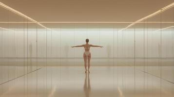 Dancer explores contemporary space with graceful movements in minimalistic environment during evening hours photo