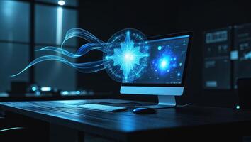 Creative digital artwork depicting a glowing holographic sphere emerging from a desktop computer in a dimly lit workspace photo