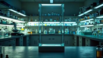 Glass display case stands empty in a dimly lit laboratory filled with various chemical containers and equipment photo