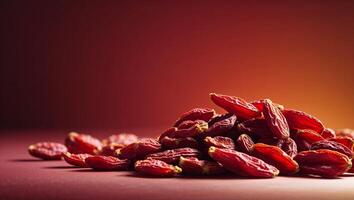 Dried goji berries arranged on a textured surface with warm lighting showcasing their rich color and unique shape photo