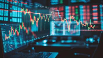Financial trading dashboard displaying stock market trends and data analysis at a bustling trading office during daytime photo