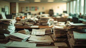 Office clutter fills workspace with stacks of documents during a busy workday photo