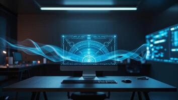 Modern workspace featuring a glowing computer screen with futuristic graphics in a dimly lit room photo