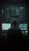 Individual analyzing data on multiple screens in a high-tech control room during nighttime photo