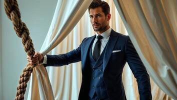 Stylish man in a tailored suit stands confidently behind draping fabric in a well-lit room, capturing a moment of elegance photo
