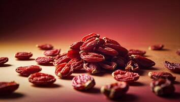 Dried goji berries arranged in a decorative pile on a warm-toned background highlighting their color and texture photo