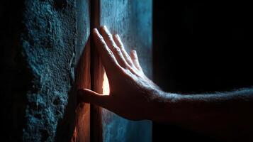 Hand reaching towards a small light source in a dark and textured environment during an exploration at dusk photo