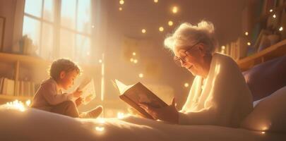 Grandparent and child sharing a cozy reading session in a warmly lit room surrounded by twinkling lights photo