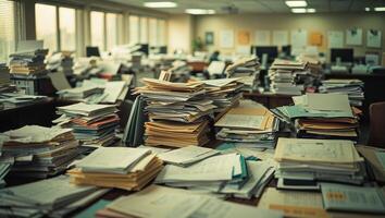 Office clutter filled with paperwork and files indicating a busy work environment in a high-rise building during the day photo