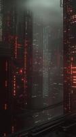Futuristic urban landscape illuminated by red lights in a dense fog during twilight hours photo