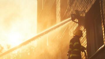 Firefighter battling flames while applying water to a burning building during sunset photo