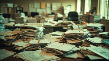 Office clutter with piles of paperwork during a busy workday in a corporate setting photo