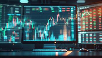 Financial market analysis taking place on computer screens displaying stock charts in an office environment during evening hours photo