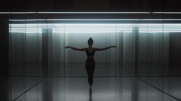 Dancer in silhouette performs in a minimalist studio with bright lights and reflective surfaces during evening hours photo