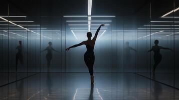 Dancer performs elegantly in a modern studio with reflective surfaces and dramatic lighting photo