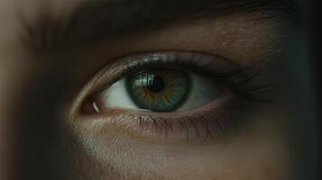 Close-up of an expressive eye revealing detailed textures and reflections with a soft focus effect photo