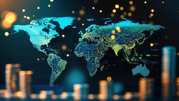 Visual representation of a world map with financial data overlays and glowing elements creating a futuristic atmosphere photo