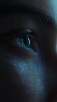 Close-up of a person's eye illuminated with soft light, showcasing intricate details and textures in a serene environment photo