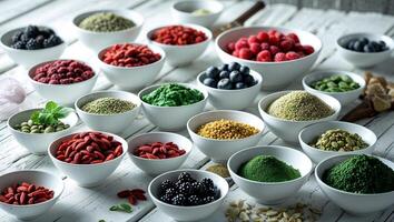 Vibrant display of various spices and superfoods arranged in bowls on a wooden table photo